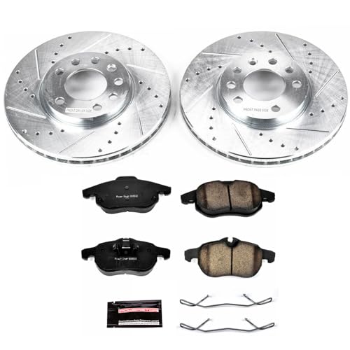 Image of PowerStop Front Brake Kit for Saab 9-3 2003-11 | Saab 9-3X 2010-11 - Drilled and Slotted Disc Rotors with Carbon-Fiber Ceramic Brake Pads Replacement, K978