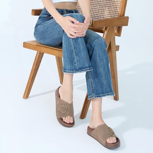 Image of UBFEN Womens Platform Slide Sandals | Real Leather,Buckle Sandals with Cushioned Flatform Footbed,Comfortable for Walking,Arch Support,Casual Styling