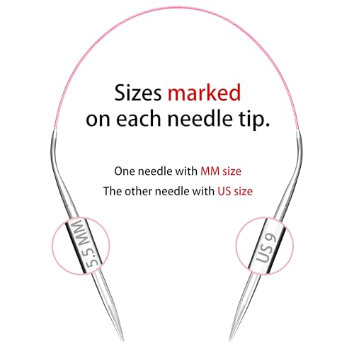 Image of cuteDIY Size 9 Circular Knitting Needles 16 Inch Set Round Metal Kit (Etched US&mm, Color-Coded Cable, Smooth Join)