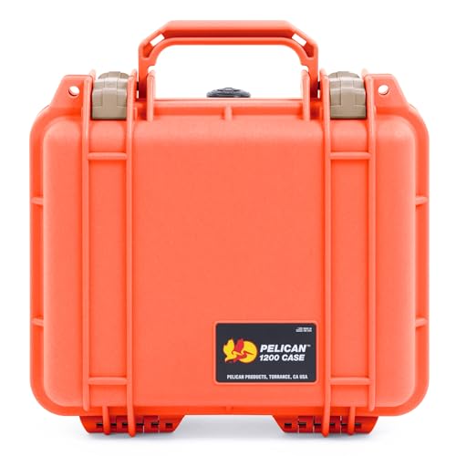 ColorCase Pelican Protector 1200 Case Orange - Small Size Waterproof Case with Pick & Pluck Foam & Convoluted Lid Foam - Desert Tan Latches