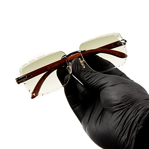 Square Silver Metal Frame Gem Cut Rimless Trendy Mint Green Gradient Tint Unisex Sun Glasses Men's Retro 90's Hip Hop Woodgrain Rectangle Frameless Diamond Cut Lens Wood ArmShades Sunglasses2