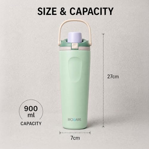 Image of Rioware 900ml Vacuum Insulated Stainless Steel Tumbler with Flip Cap | 304 Grade Steel | 8 Hrs Hot & 14 Hrs Cold | Leakproof Travel Coffee Mug | Large Capacity Water Bottle with Handle | BPA Free