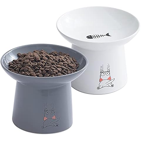 6.5 Inch Extra Wide Ceramic Raised Cat Bowls, Upgraded Elevated Porcelain Cat Food Water Bowl Dish, Stress Free Pet Feeder Bowls Dishes for Elder Big Cats & Small Dogs, White & Grey Cover
