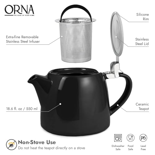 ORNA Ceramic Teapot with Tea Infuser – Small Tea Pot for Loose Leaf Tea – 550ml / 18.6 Oz Porcelain Non-Stove Teapot for 2 Cups with Tea Strainer (Black) - Image 4