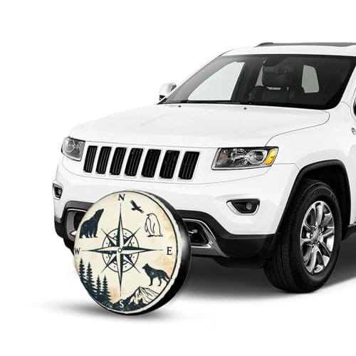 Image of Universal Fit Spare Tire Cover for RV, SUV, and Camper Trailers - Weatherproof Wheel Protector, Compass Animal Mountain Decorative Camper Spare Tire Cover 16 in