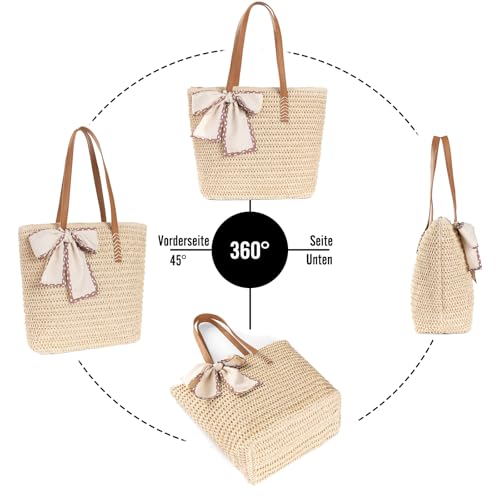 Image of Large Straw Beach Bag: Women's Handwoven Tote with Zipper Pocket - Lightweight Summer Purse for Travel & Work