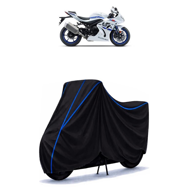 Image of Suzuki GSX R1000R Bike Cover Water Resistant Universal Motorcycle Rain | Heavy Duty UV Protection, Dust, Scratch Indoor Outdoor All Weather with Black Blue Piping Elastic