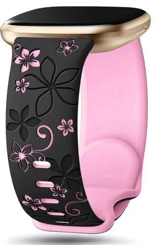 Two-Tone Floral Engraved Band Compatible with Fitbit Versa 3/4/ Sense 2 Bands, Cute Flower Soft Silicone Sport Strap Bracelet Wrist Band for Fitbit Sense/Versa 3/4 Women Men