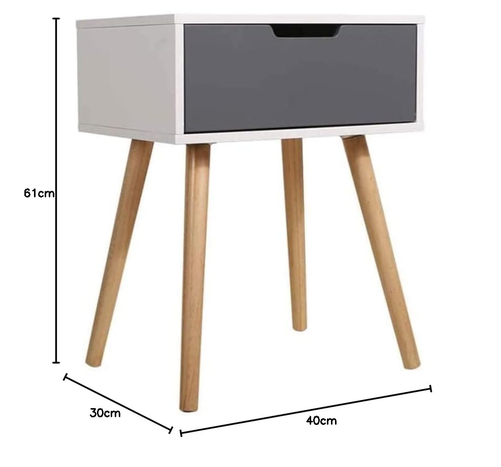 Image of Storage Nightstand Mid-Century Modern Bedside Table with Solid Wood Legs Minimalist and Practical End Side Table- 1 Drawer -Grey White