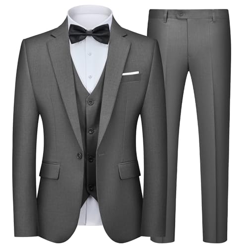 Autsel Anzug Herren 3 Teilig Slim Fit Anzüge Business Herrenanzug Hochzeit 3-Teilig Sakko Hose Weste Dunkelgrau M