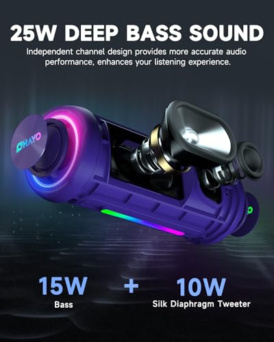 Image of OHAYO Bluetooth Speaker, Portable Wireless, IPX7 Waterproof, Powerful 25W Sound, 24H Playtime, Dual Pairing, Active Bass, Colorful Lights, Bluetooth 5.3, Outdoor Speakers for Home /Party /Beach, Purple