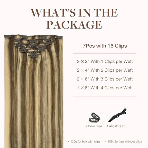 Image of GOO GOO Clip in Hair Extensions Real Human Hair, Remy Human Hair Extensions Clip ins for Women, Natural Human Hair, 22inch 120g 7Pcs, 8A /22 Medium Brown Highlighted Golden Blonde