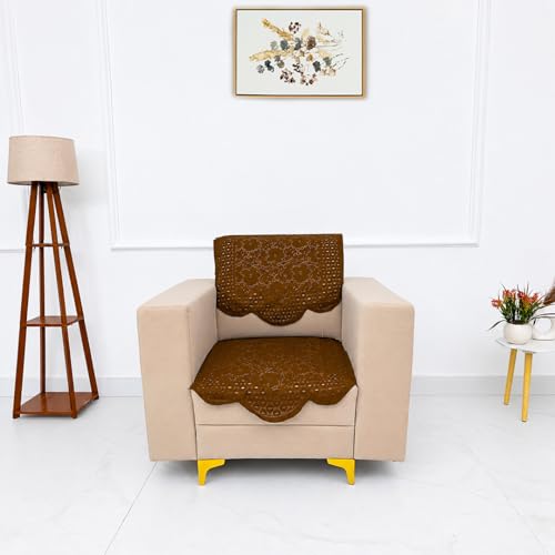 Image of Homerz Premium 'Surya Series' Sofa Cover | Stylish Sofa Protector | Net Fabric | Anti-Stain & Washable Slip Cover Exact Size Antislip (Flower Valley Brown, 1 Seater, Seat Cover with Backrest)