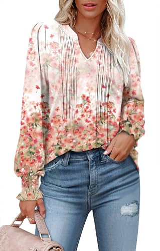 BETTE BOUTIK Long Sleeve Shirts for Women Fall Tops Dressy Blouses Pleated V Neck Tunic Tops for Leggings S-3XL