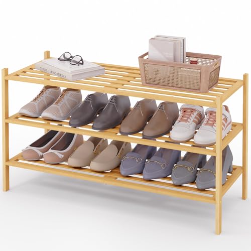 Image of Smiry Bamboo Shoe Rack, 5 Horizontal Slats, 3 Tier - 33.9 inch Wide, Natural