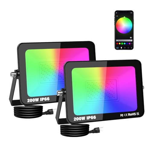 Willpower 2PCS Foco LED RGBW 200W, Proyector LED Exterior con Control de Bluetooth APP, 16 Colores 4 modos, Luz de Inundación RGB para Jardín Terraza Fiestas Halloween Navidad, con Enchufe
