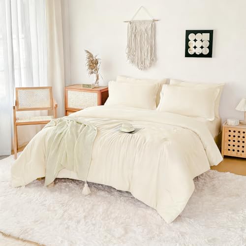 FMLIUY Double Brushed Micorfiber Twin/XL Twin Comforter Set Cream- 7-Piece Bed in a Bag All-Season Soft Bedding with Sheets & Envelope Pillowcases (68x88 Twin)