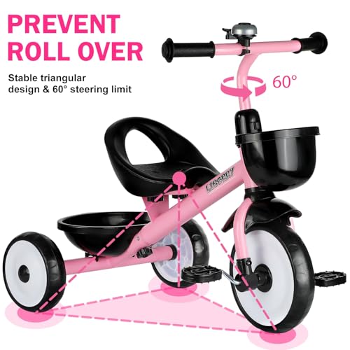 Liberry Toddler Tricycle for Girls 2 3 4 Years Old, Kids Trike with Bell, Front Back Basket and Removable Pedal, 3 Wheel Bike Ourdoor Indoor Riding Toy Gift for Boys 18-24 Months, Pink
