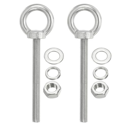 Image of PATIKIL M12 x 100mm Lifting Shoulder Eye Bolt, 2Pcs 304 Stainless Steel Lifting Ring Threaded Eyebolt with Nuts Washers for Hanging Hammocks Articles