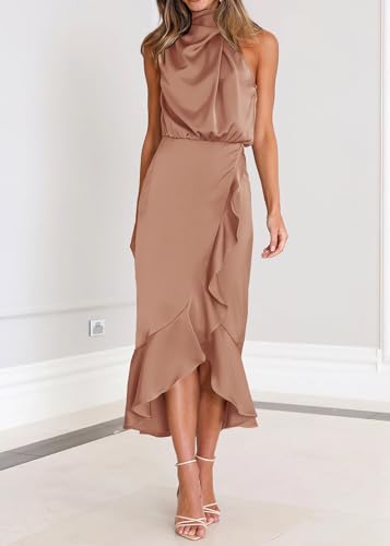 Image of KIRUNDO Women's Summer Satin Mock Neck Wedding Guest Dress | Party Cocktail Midi Dress, 2026 Spring Fashion, Silky, Elegant Classy Halter High Neck, Sleeveless Wrap Ruffle Formal Dress