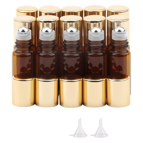 JIUWU 15 Pack Mini Amber 3ml Glass Essential Oil Roller Bottles with Stainless Steel Roller Ball Refillable Beauty Perfume Portable Roller Bottle Empty Vials 2 Funnels, 1 Tool