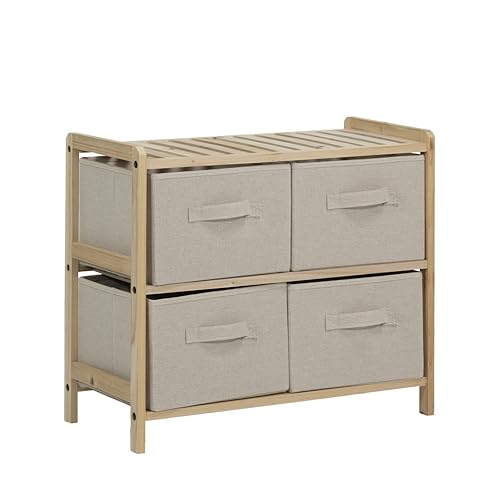 BRINDEK Organizador de madera de abeto con cajones de tela beige | Cajonera de Tela disponible en 3, 4 o 6 cajones | Mueble auxiliar con cestos para dormitorio, baño o salón (4 cajones)