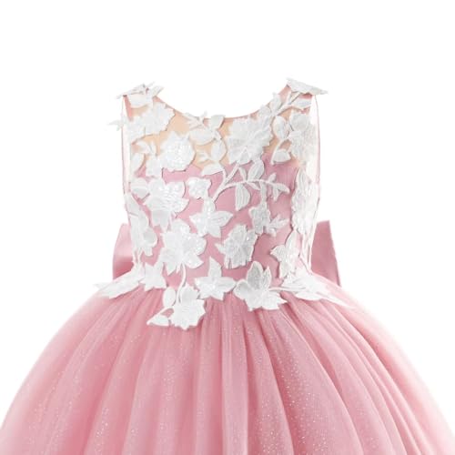Lace Applique Flower Girls Dresses Tea Length Glitter Tulle Kids Princess Birthday Pageant Party Gowns with Bow-Knot3