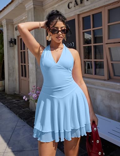 Image of GOKATOSAU Women's Sleeveless Halter V Neck Ruched Waist Mesh Tiered Ruffle Hem Mini Dress