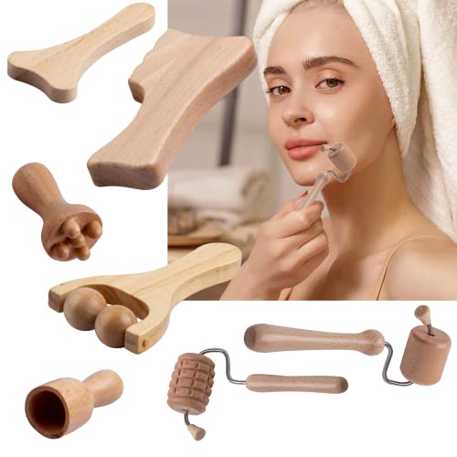 7PCS Wood Facial Therapy Kit/Maderoterapia Kit, Wooden Face Massage Tool Set, Roller Massagers, Face Sculpting Tools, Lymphatic Drainage Tools, Anti-Cellulite Tools, Wrinkle Relief (Natural)