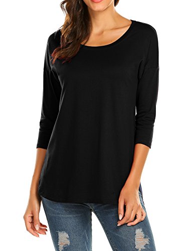 Sherosa Women'S 3/4 Sleeve Scoop Neck T-Shirt Blouse Tunic Tops With Side Split thumb #2