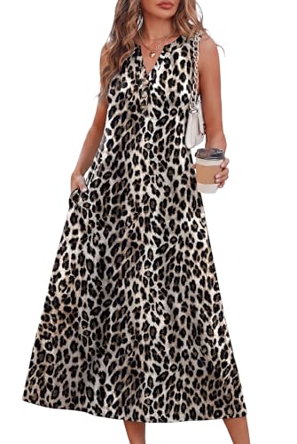 OFEEFAN Summer Dresses for Women Sleeveless Casual Midi Dress Button Front Beach Vacation Sundresses with Pockets