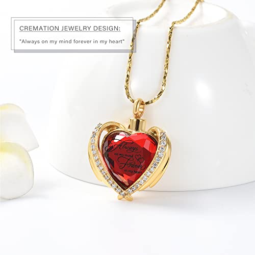 Imrsanl Cremation Jewelry Angel Wing Heart Urn Pendant Necklaces for Women Crystals Birthstone Urns for Human Ashes Memorial Locket Keepsake Ashes Jewelry (Red) - Thumbnail 3