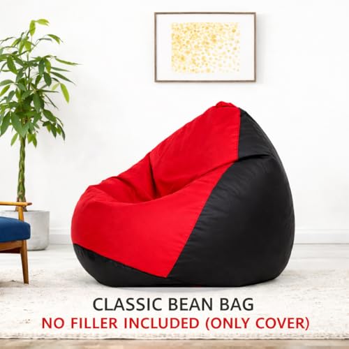 Image of Amazon Brand - Solimo Bean Bag Cover 4XL Without Beans, Faux Leather Bean Bags Cover with Handle & Zipper, Bean Bag Cover for Living Room & Bedroom | 6 Months Warranty (Red & Black)