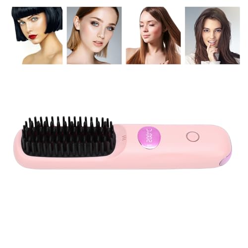 Plancha de pelo inalámbrica con peine, calentamiento rápido, recargable por USB, con pantalla LCD y distribución uniforme del calor, para viaje y uso diario (rosa) miniatura 3