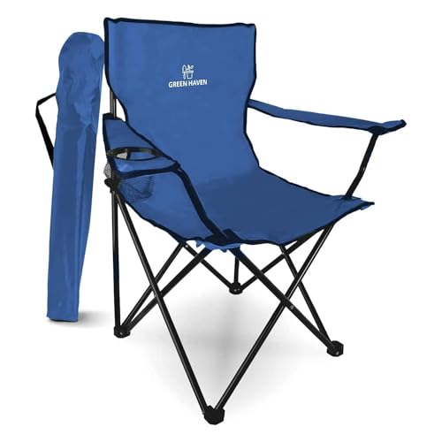 Green Haven Folding Camping Chair - Lightweight Picnic Chair with 600D Polyester & Rip Stop - Heavy Duty Steel Frame Arm Outdoor Chair w/Cup Holder - Portable Comfy Camping Chair for Adults - Blue
