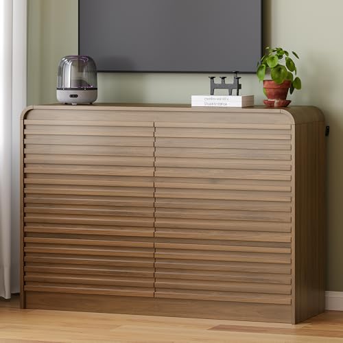 Image of 6 Drawer Dresser for Bedroom, 47 inch Wide Fluted Dresser with Curved Edge and Ergonomic Handleless, Large Wooden Clothes Storage Organizer, Modern Chest of Drawers for Closet, Living Room, Walnut