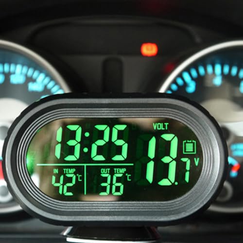 Shkalacar 3in1 Autothermometer Digitaluhr Voltmeter mit LCD Digitalmonitor, 12V Temperatur und Spannungsmesser, Erkennungsanzeige für Auto LKW SUV Wohnmobil, Grün und Orange