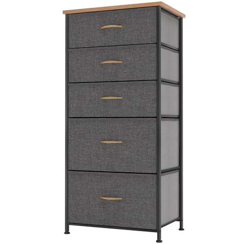 YITAHOME Comoda 5 Cajones,Cajonera de Tela,Sinfonier,Robusta Estructura metálica,Cómoda con Tapa de Madera,Gris Oscuro