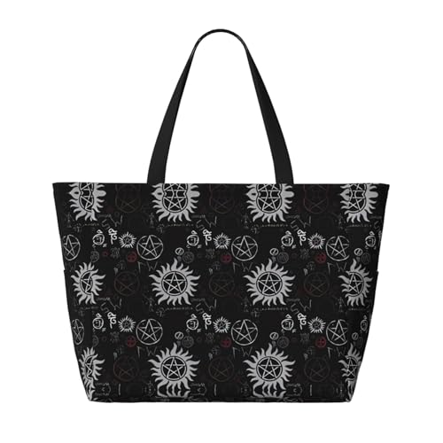 Supernatural Symbols Black Large Capacity Beach Travel Bag - Ideal for Vacation, Reusable Canvas Bags for Camping, Groceries, Moving2