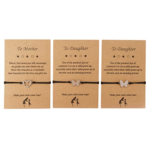 Image of Caiyao 3Pcs Stainless Steel Butterfly Bracelet Set Handmade Adjustable Braide Rope Love Heart Hollow Out Animal Insect Bracelet for Mom Daughter Mother Birthday Christmas Jewelry Gift-C 3cards