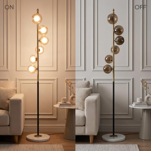 Image of Floor Lamp 3-Color CCT (Warm + Natural + Cold White) | 5-Globe Amber Glass Metal Stand | Marble Base | Living Room Bedroom