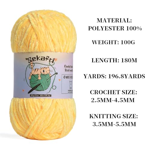 Image of 3 Pack of 300g (590yds) Fuzzy Chenille Yarn for Crocheting,Fluffy Amigurumi Crochet Yarn for DIY Craft /Hat /Clothes, Soft Velvet Baby Blanket Yarns(3 Light Yellow)