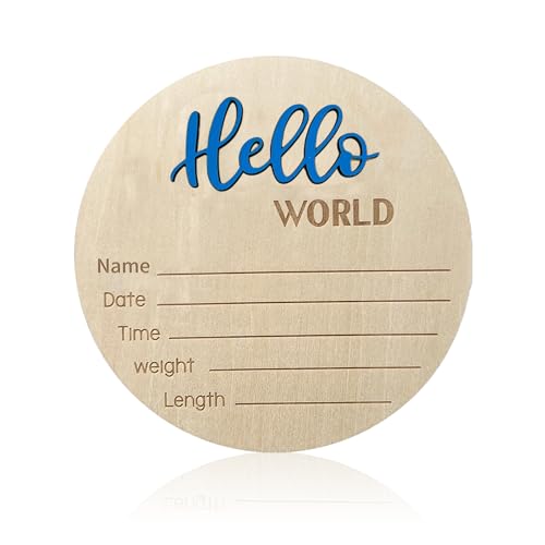 Image of Baby Announcement Sign, ​5.9 Inch Wooden Hello World Newborn Signs, Birth Announcement Sign, Baby Shower Hospital Nursery for Newborn Boys and Girls (Blue)