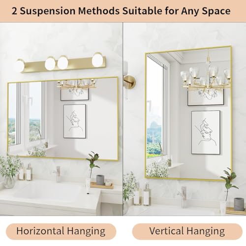 Koonmi Gold Mirrors for Wall, 36x48 Inch Bathroom Mirror, Rectangular Wall Mirror for Living Room Bedroom Bathroom, Hangs Horizontally or Vertically