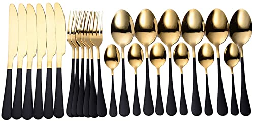 OVLIIYWZY Bestecksets Edelstahlgeschirr Goldbesteck Modernes Gabelmesserset Schwarz Goldenes Küchenbesteck 24-teiliges Tafelservice Geschirr...