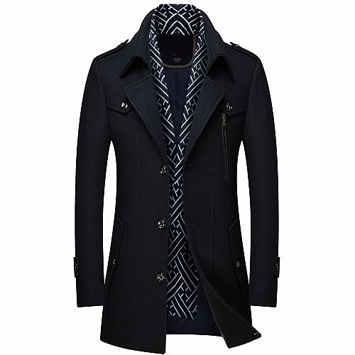 Lu's Chic Men's Wool Pea Coat Winter Slim Fit V Neck Turn Down Collar Warm Zip Business Casual Button Up Jackets & Coats