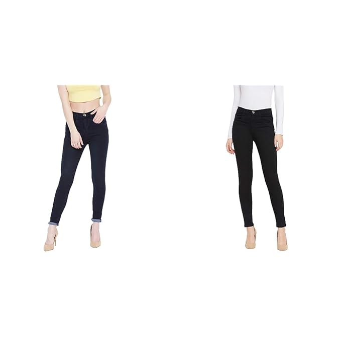 Women's Denim Stretchable Slim Fit High Waist Jeans (1393N_CBLU_32_Carbon_Blue_32) Women's Denim Stretchable Slim Fit High Waist Jeans (1393N_BLK_32_Black_32) Combo