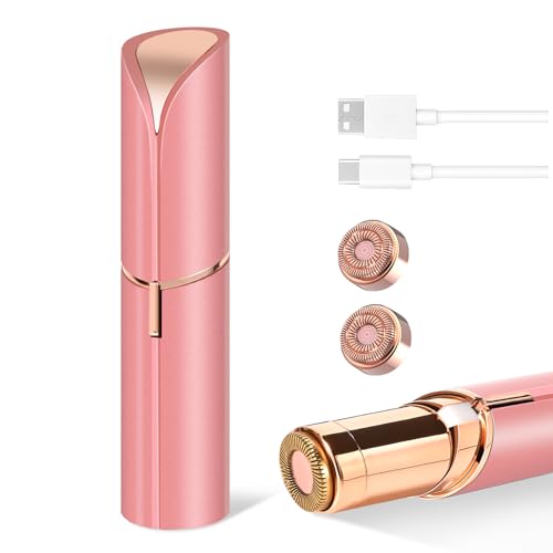 Facial Hair Removal for Women, Portable Painless Hair Remover Device, Rechargeable, with 2 Replacement Heads, for Face, Upper Lip and Chin (Rose god)
