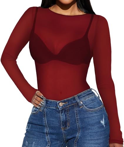 Women's Mesh Tops Sheer Long Sleeve Tee Shirts Bodycon See Through Blouse Clubwear(Red,L)