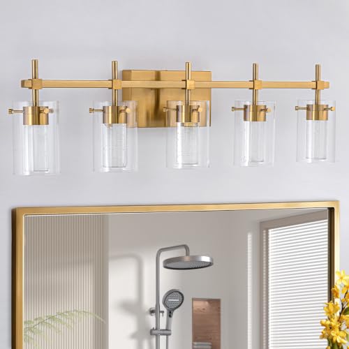 Image of 5-Light Gold Vanity Light with 3 Color Modes (3000K /4000K /6000K), Eye Protection LED Bathroom Light Fixture, Dimmable Modern Wall Light Over Mirror with Clear Glass Shade